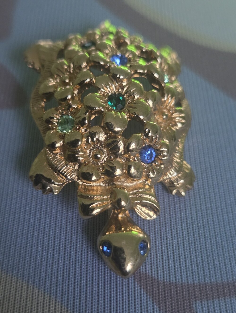 Vintage Avon Gold-Tone Turtle Brooch with Blue & Green Crystal Accents